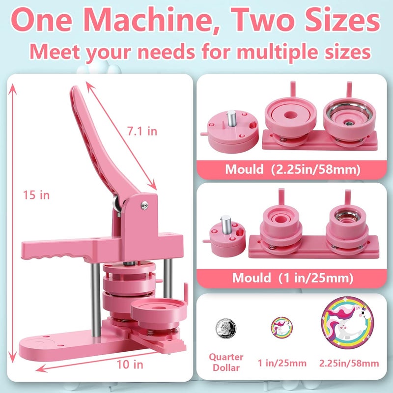 Happizza Button Maker Machine Multiple Sizes, Pin Maker Machine 1+2.25 inch, Badge Button Press Machine with Cute Stickers and 200 Sets Button Making Supplies&Circle Cutter for Girls Women(Pink) - Image 2